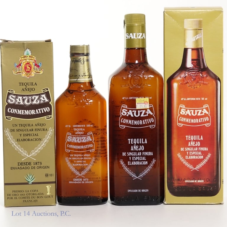 Sauza Conmemorative Tequila Anejo (2): Two (2) bottles of Sauza Conmemorative Tequila Anejo. 500ml and 750ml, both with boxes. NOM 1102 - I. Both boxes are completely printed in Spanish, and we believe that they were both purchased in Mexi