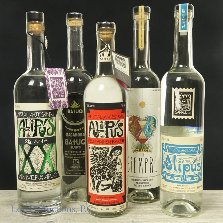 Mexico - Alipus Mezcal, Sotol, Bacanora (5): Four (4) bottles of Mexican distilled spirits. #1 - Alipus Santa Ana 20 Aniversario Artisanal Mezcal, 48%abv, 750ml. #2 - Alipus Mezcal Artisanal, San Luis, 47.5%abv, 750ml, with damage to upper label