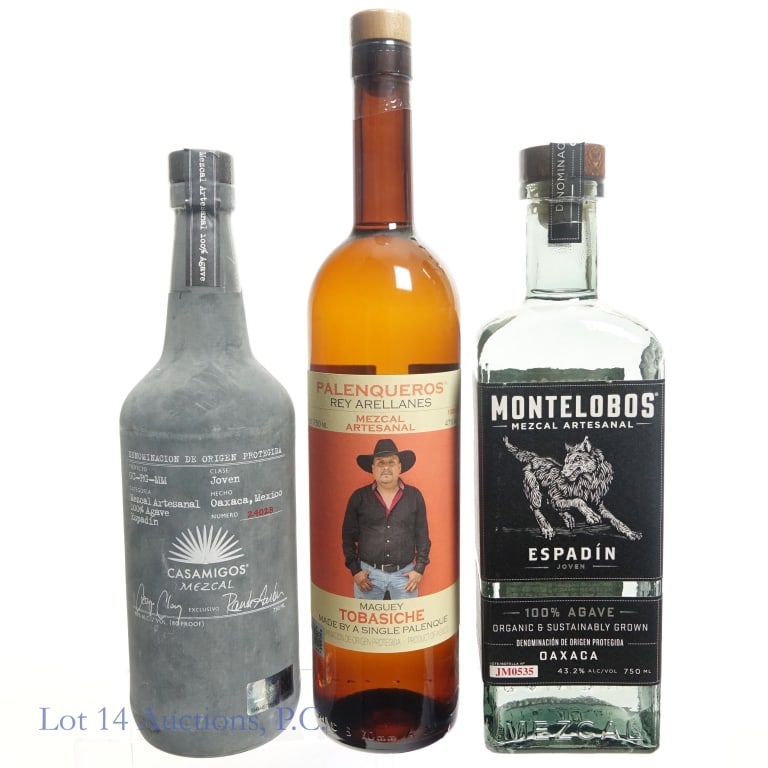 Casamigos, Palanqueros, Montelobos Artesan Mezcal: Three (3) bottles of Artesanal Mezcal. #1 - Casamigos Joven Mezcal Artesanal 100% Agave Joven, Number 24028, Oaxaca, Mexico, 80proof, 750ml, NOM 0419X. #2 - Palenqueros Rey Arellanes 100% Maguet Mezca