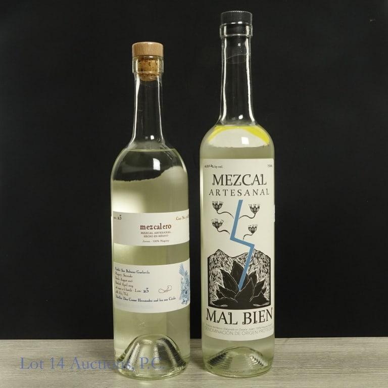 Mal Bien & Mezcalero Mezcal Artesanal Joven (2): Two (2) bottles of Artisanal joven Mezcal from Protegida Region of Mexico. Mal Bien, NOM 0601X, Batch: CLM10, 45.5% abv, 750ml. Mezcalero 100% Maguey (Sierrudo), NOM 014X, Batch: August 2015, Bottled: