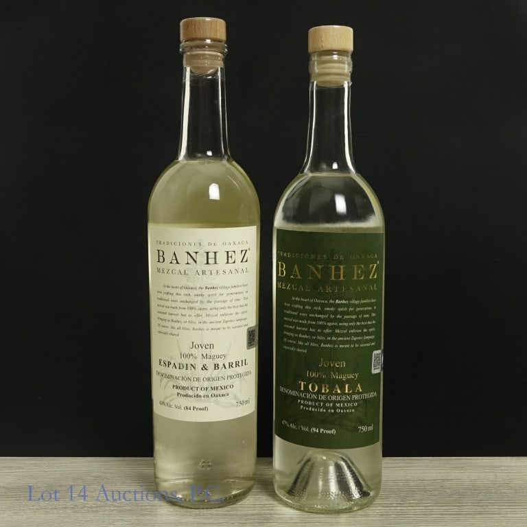 Banhez Mezcal Artesanal, 100% Maguey Joven (2): Two (2) bottles of Banhez 100% Maguey Joven Mezcal Artesanal. #1 - Tobala, 47%abv, 750ml, bottle 87/360, distilled 05/19, Lote: BA0012TOB22. #2 - Espadin & Barril, 42%abv, 750ml, Lot: BA0017EBA22. Co-