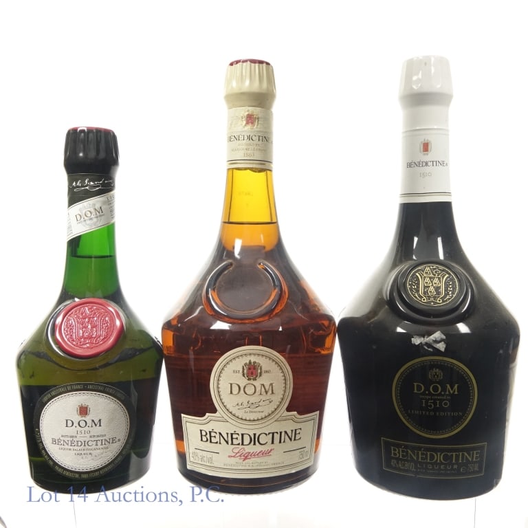 DOM Benedictine Liqueur (3): Three (3) bottles of DOM Benedictine Liqueur. #1 - Dom 1510 Limited Edition Benedictine Liqueur, 40%abv, 750ml. #2 - Dom Benedictine Liqueur, 40%abv, 750ml. (NOTE - top of capsule cover is missing, bu