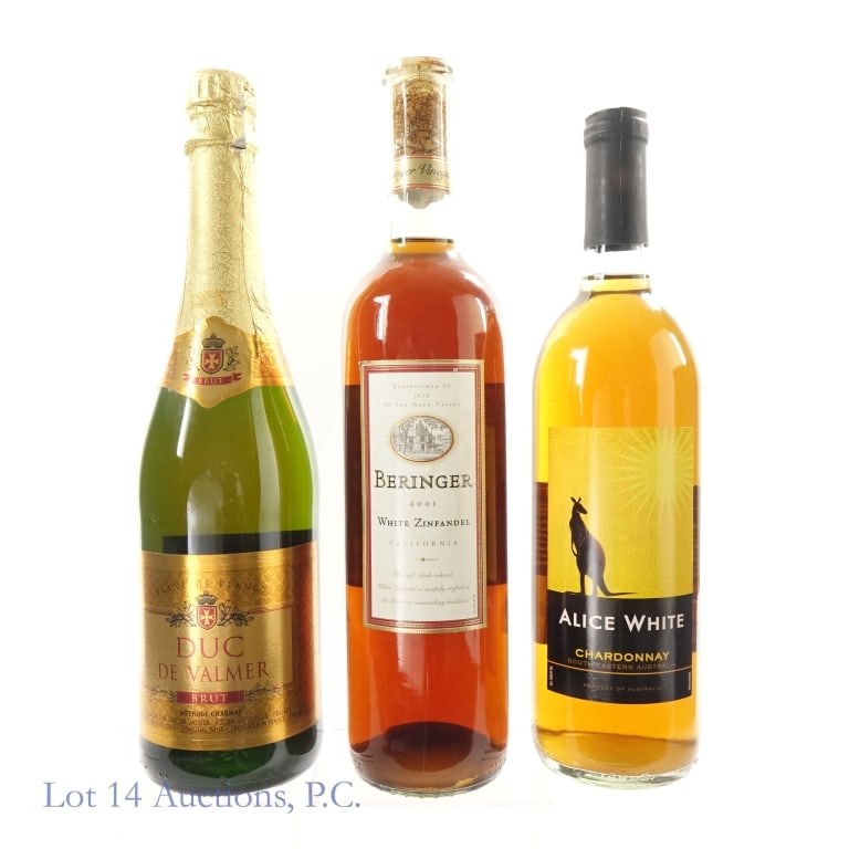 Duc de Valmer, Alice White & Beringer Whites (3): 3 bottles total in this lot. 1-Duc de Valmer Blanc de Blancs Brut, 11% ABV, 750 ml, Vintage: N/V (nonvintage). 2-Alice White Chardonnay, 13% ABV, 750 ml, Vintage: N/V (nonvintage), Region: South Easte