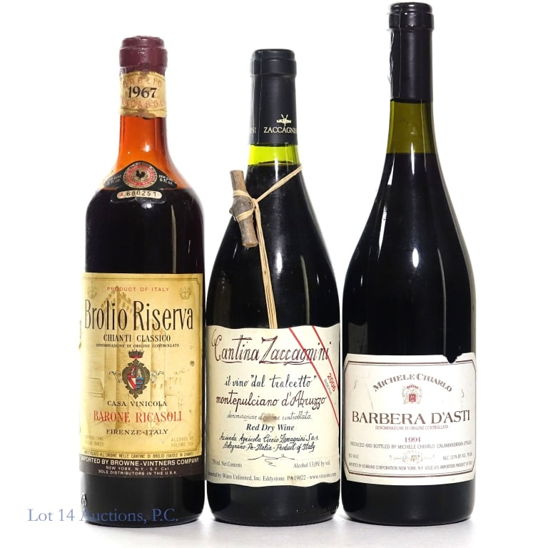 Italian Wine Trio - Chianti, Red, Barbera (3): Three (3) Italian wines. #1 - 1967 Brolio Riserva, Casa Vinicola, Barone Ricasoli, Florence, Italy, 13% abv, 1 Pint, 8 fluid ounces. #2 - 1991 Michele Chiarlo Barbera D'Asti, 12.5%abv, 750ml. #3 - 200