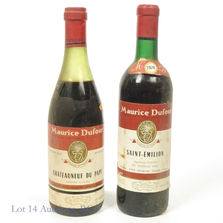 Maurice Dufour Saint Emilion & Chateauneuf du Pape: 1-1970 Maurice Dufour Saint Emilion, 12% ABV, 1 Pint, 8 Ounces. Vintage: 1970, Region: Bordeaux, France, Appellation: Saint Emilion. Fill slightly below base of neck. Slight residue on neck of bottle 
