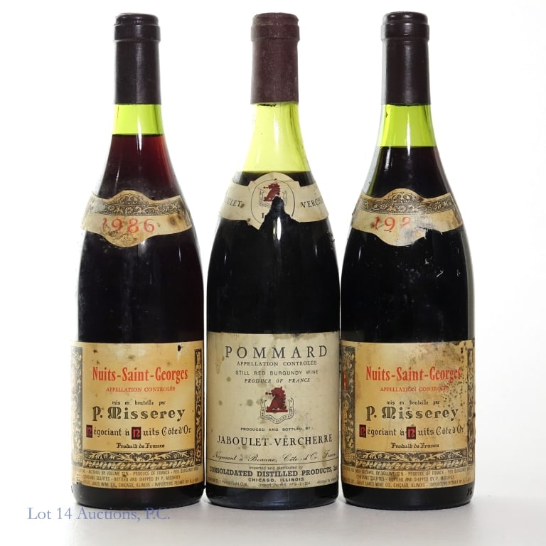 French Wine Trio - Nuits St. George, Pommard (3): Three (3) bottles of French red wine. Two (2) bottles are 1986 Nuits-Saint-Georges Cote d'Or P. Misserey, 12%abv, 750ml. One bottle of (1970s???) Pommard Jaboulet-Vercherre Red Burgundy Wine. 13%abv, 