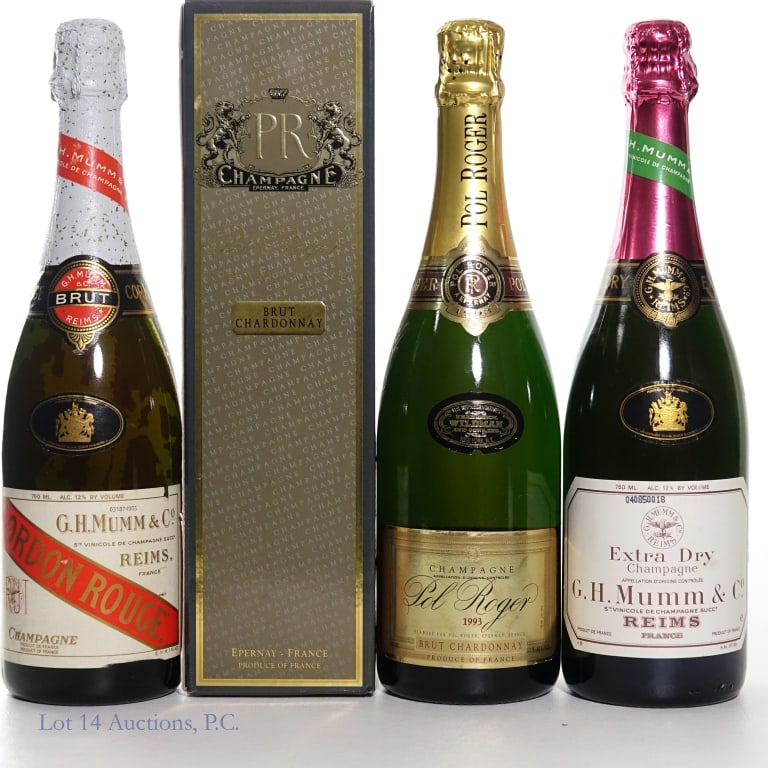 2 Mumm's & Pol Roger Champagnes, France (3): Three (3) bottles of Champagne. #1 - Mumm & Co. Brut Vintage Champagne, 12%abv, 750ml. #2 - Mumm & Co. Extra Dry Champagne, 12%abv, 750ml. #3 - 1993 Pol Roger (PR) Brut Chardonnay Champagne, 12%abv, 7