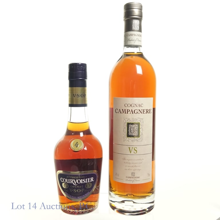 Courvoisier VSOP & Campagnere Cognac (2): Two (2) bottles of Cognac. Courvoisier V.S. O.P. Cognac, 40%abv, 375ml. Cognac Campagnere V.S., 40%abv, 750ml.