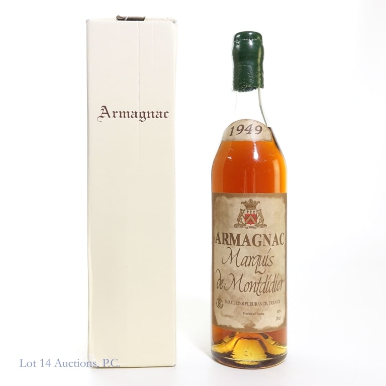 Marquis de Montdidier "1949" Armagnac, France: Marquis de Montdidier "1949" Armagnac, 700ml, 40%abv, France. With Armagnac box which has the Marquis de Montdidier business card affixed to the top. Wax seal appears in good condition and does not se