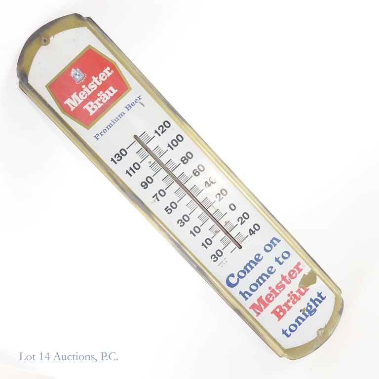 Large Scale Meister Brau Thermometer: Large Scale Meister Brau Thermometer. LOCAL PICK UP OR THIRD PARTY SHIPPING ONLY. 8.25" x 36" Meister Brau advertising thermometer. Some paint rubbed or scratched off. Small areas of rust. Scratches, 