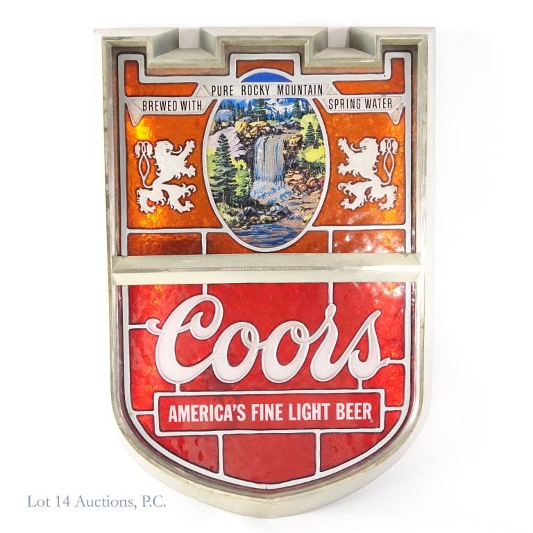 Coors Coat of Arms 'Stained Glass' Sign: Coors Coat of Arms 'Stained Glass' Sign. LOCAL PICK UP OR THIRD PARTY SHIPPING ONLY. 12.25" x 18" x 4" tin and plastic, 'stained glass', illuminated coat of arms advertisement for Coors Light. Tested