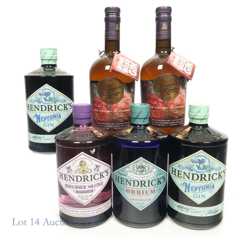 Hendricks and Copper & Kings Gins (6): Six (6) bottles of gin. 4 are Hendricks. 2 bottles are Copper & Kings. Hendrick's: 2 x Neptunia, 43.4%abv, 750ml.; Midsummer Solstice Limited Release, 43.4%abv, 750ml.; Orbium Limited Release, 43.4%ab
