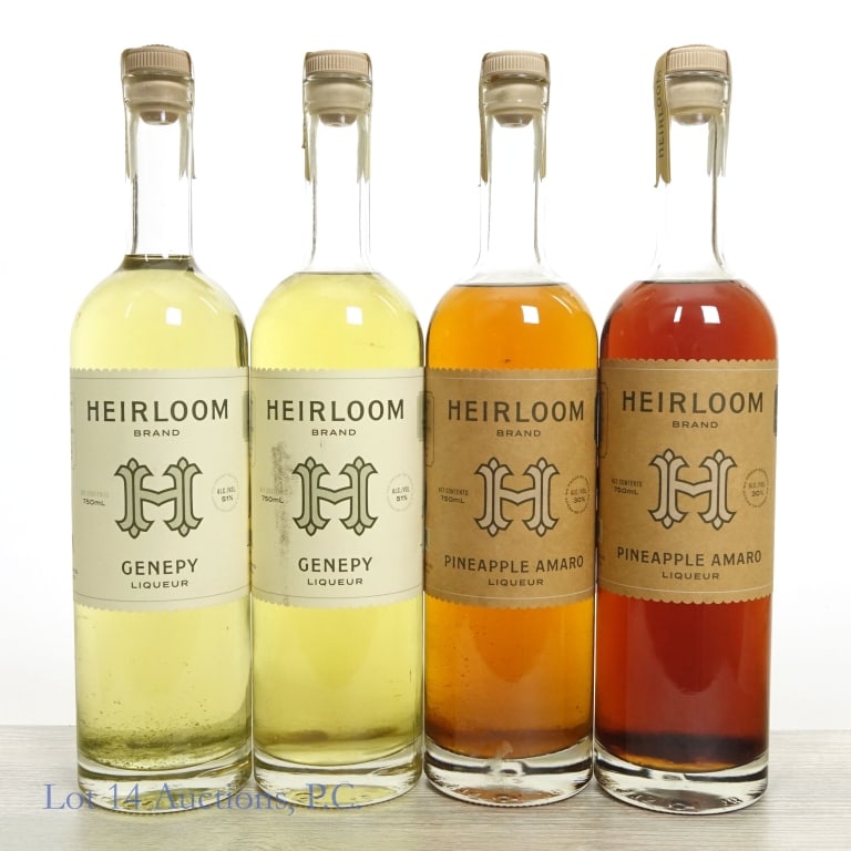 Heirloom 2x Genepy Liqueur & 2x Pineapple Amaro, 4: Four (4) bottles of Heirloom Liqueurs. Two 92) bottles of Heirloom Genepy Liqueur, 51%abv, 750ml. Two (2) bottles of Heirloom Pineapple Amaro Liqueur, 30%abv, 750ml.