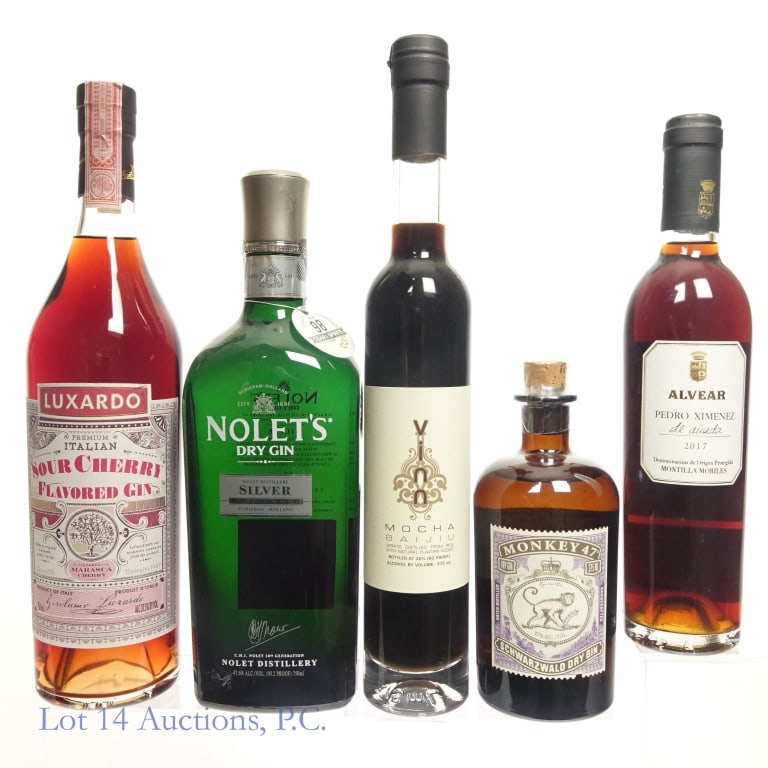Bar Starter #1 Italy, Spain, Holland Gin: Five (5) bottles. #1 - Luxardo Sour Cherry Flavored Gin, Italy, 37.5%abv, 750ml. #2 - Nolet's Silver Dry Gin, Holland, 47.6%abv, 750ml. #3 - 2017 Alvear Pedro Ximenez de Auada, Spain, 16%abv, 375ml. #