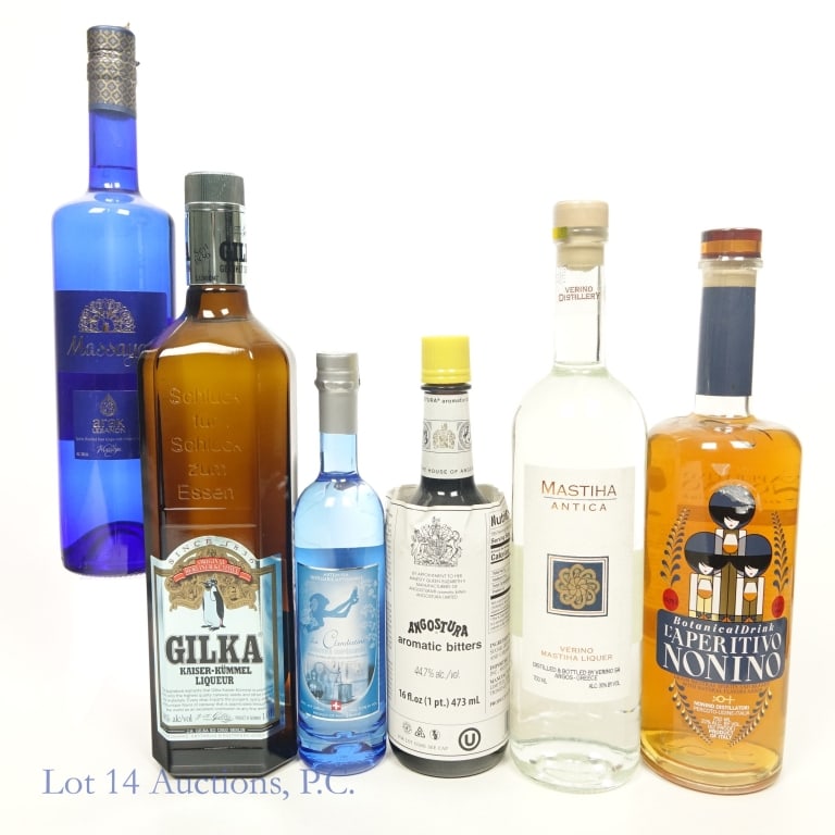 Bar Starter #2 Lebanon, Greece, Italy, Germany: Six (6) bottles - #1 - L'Apertivo Nonino, Italy, 21%abv, 750ml. #2 - Mastiha Antica, Greece, 30%abv, 700ml. #3 - Gilka Kaiser-Kummel Liqueur, Germany, 38%abv, 1 Liter. #4 - Angostura Aromatic Bitters,