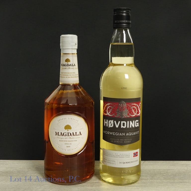 Magdala Liqueur & Hovding Norwegian Aquavit: Two (2) bottles. Magdala Receta Original Liqueur, Spain, 39%abv, 750ml. Hovding Norwegian Aquavit, Norway, 40%abv, 750ml.