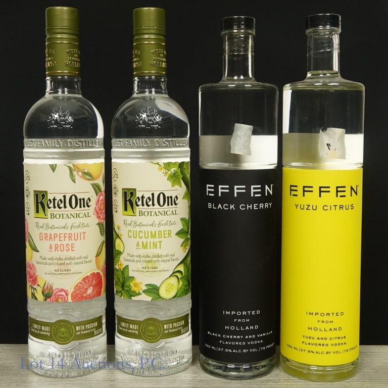 2 Effen & 2 Ketel One Flavored Vodkas (4): Four (4) bottles of vodka. Effen Black Cherry, Holland, 37.5%abv, 750ml. Effen Yuzu Citrus, Holland, 37.5%abv, 750ml. Ketel One Botanical Cucumber & Mint Vodka, Holland, 30%abv, 750ml. Ketel One Botan