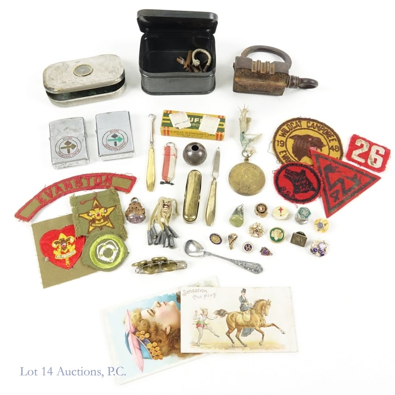 Grandfather's Junk Drawer: Grandpa had quite a drawer" Zippo lighters and lighter parts, P. Lorillard & Co. Rose Leaf Chewing Tobacco tin with compass in the cover (believed to be 1980s, per consigner), old Indian lock (works),