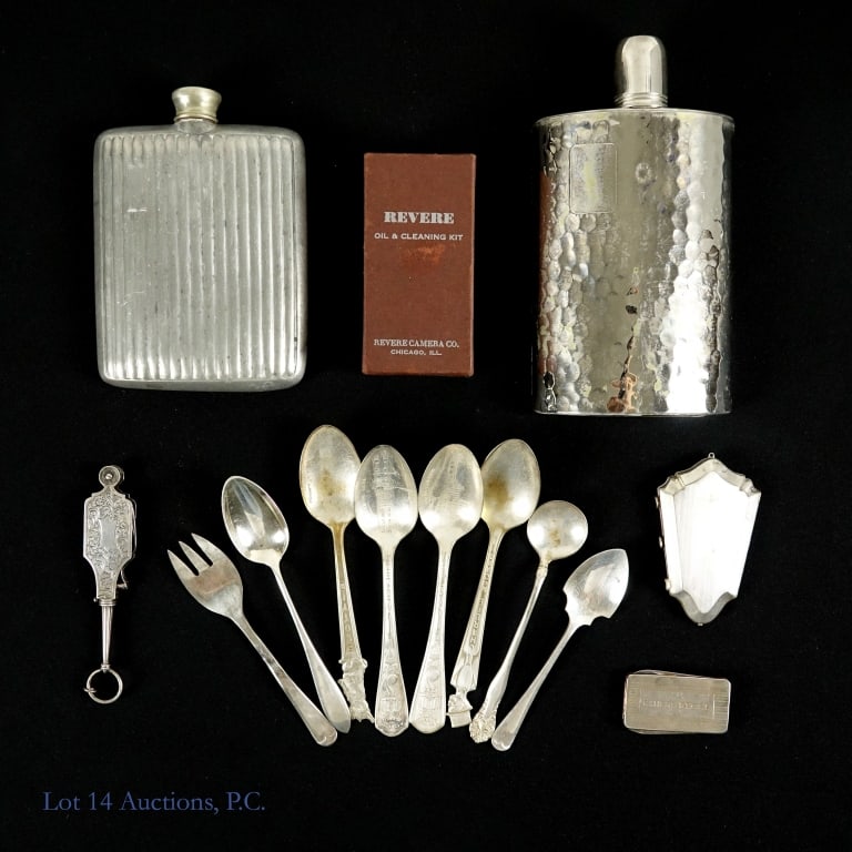 Grandpa's Junk Drawer, Sterling Spoon: Grandpas Junk Drawer, Sterling Spoon. Collection of Grandpa's random collectibles including a sterling silver spoon (0.654 ozt), flasks, collectible spoons and lorgnette glasses. See photos for more d