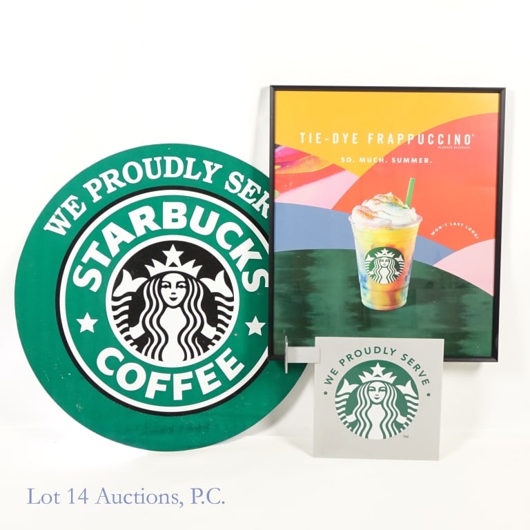 Starbucks Signage and Poster (3): Starbucks Signage and Poster (3). Collection of Starbucks advertising. 12" x 12" metal flange. 22" x 26" framed "Tie-Dye Frappuccino" poster. 29" d. double sided plastic sign. Wear and tear consistent