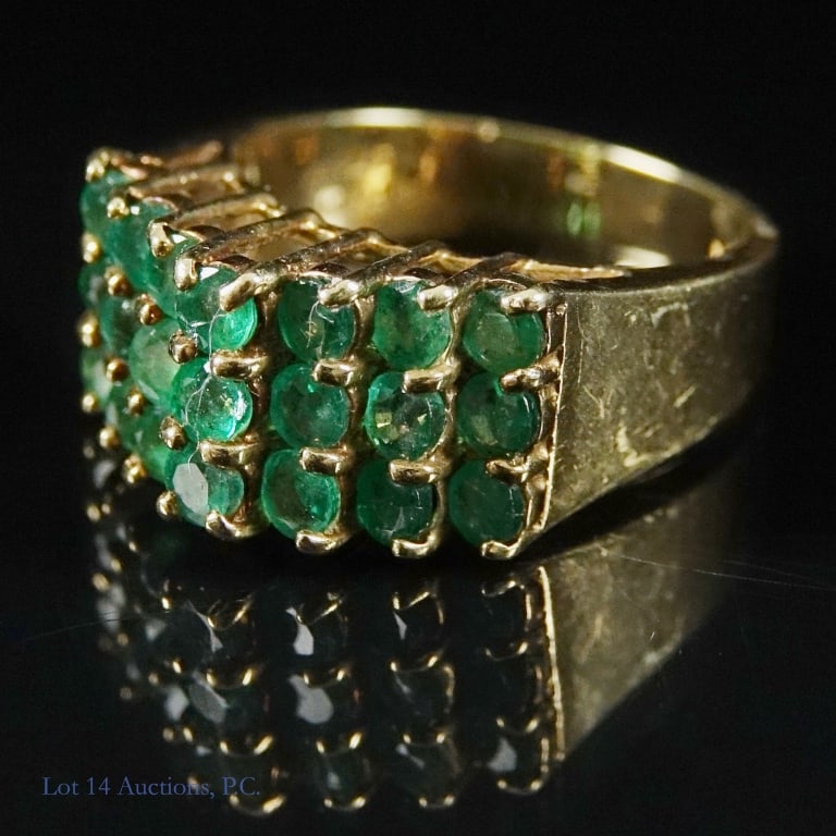 14k Yellow Gold Emerald Ring **: Yellow gold ring with 21 green stones. Marked "14K", "LS-05", and "Van Cleef & Arpels. Tests electronically as 14 karat gold. Stones test electronically as emerald. Size 7.5. Weight: 7.35 grams. We wi