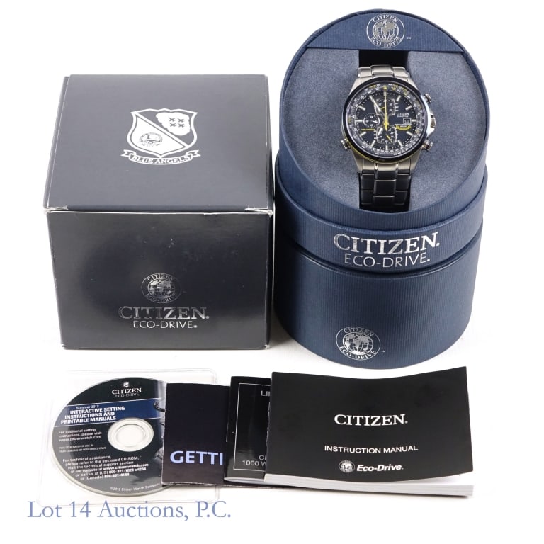 Blue Angels Citizen World Chronograph A-T Watch: Blue Angels Citizen World Chronograph A-T Watch. Blue Angels edition, Citizen eco-drive radio-controlled chronograph world timer with caseback insignia. Caliber number H800. Serial #H800-SO81157. Orig