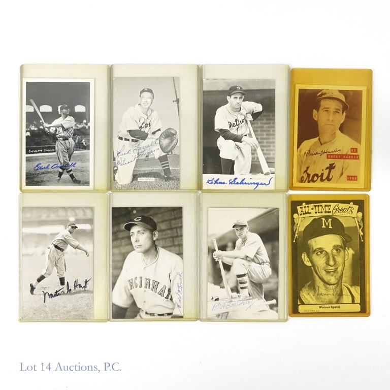 Autographed B&W Baseball Postcards (8): Collection of 8 postcards - all with pictures of baseball players, and all signed (this lot is sold "as is" without any guarantee or COAs). Condition varies. Featured players: Earl Averill (Cleveland