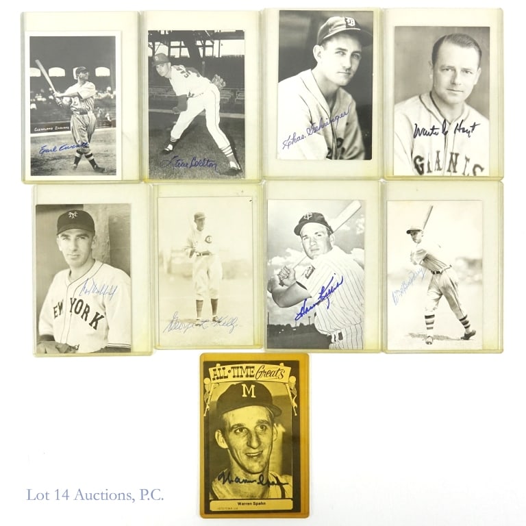Autographed B&W Baseball Postcards (9): Collection of 8 postcards - all with pictures of baseball players, and all signed (this lot is sold "as is" without any guarantee or COAs). Condition varies. Featured players: Earl Averill (Cleveland