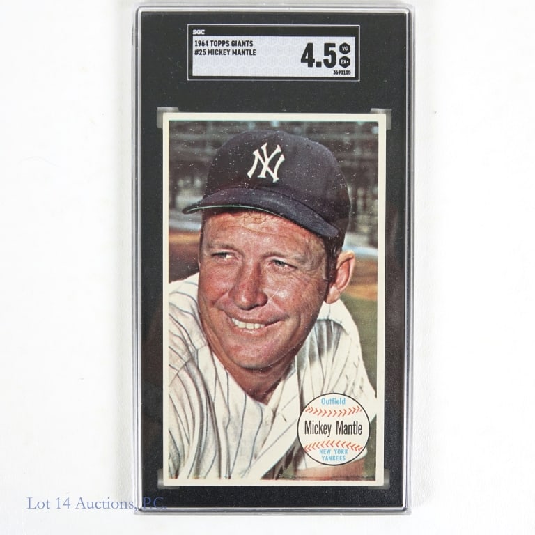 Mickey Mantle 1964 Topps Giants #25 SGC 4.5: Mickey Mantle 1964 Topps Giants card #25 graded as VG-EX+ by SGC. This is a key card when trying to complete the 1964 Topps Giants set.