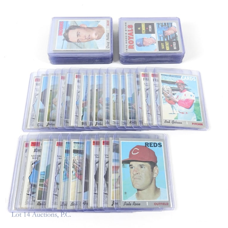 1970 Topps Baseball Cards W / HOF'ers (58): Fifty-eight (58) Topps baseball cards collection from 1970. HOF members included Rod Carew, Frank Robinson, Joe Morgan, Bob Gibson, Rollie Fingers, Johnny Bench, Tony Perez, Reggie Jackson, Ted Willia