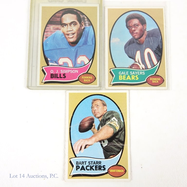 1970 Topps Football Sayers, Simpson, & Starr: Three cards from the 1970 Topps football set. Key card in this group is the OJ Simpson rookie card #90. This card has some minor softness in the corners. The Gale Sayers card #70 does have a ding in t