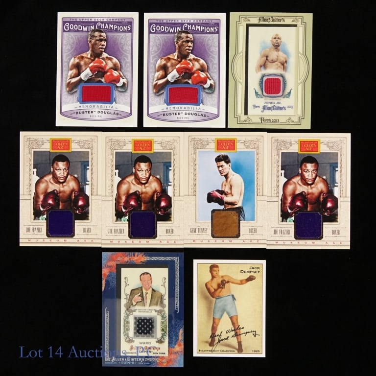 8 Boxing Relic Cards With Joe Frazier Gene Tunney, Buster Douglas: Eight boxing relic cards. Among the treasure here you will find are 2 2019 Upper Deck Goodwin Champions cards of Buster Douglas (M-BD)***3 2013 Panini Golden Age cards of Joe Frazier (Card No. 19)***2
