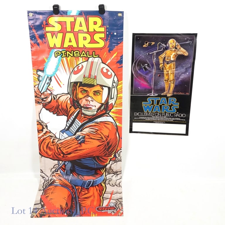 Star Wars Pinball Banner, Radio Poster (2): Star Wars Pinball Banner, Radio Poster (2). Two (2) Star Wars wall hanging advertisements. 24" x 62" vinyl pinball machine banner featuring Luke Skywalker from Stern Pinball - minimal to no wear. 17" 
