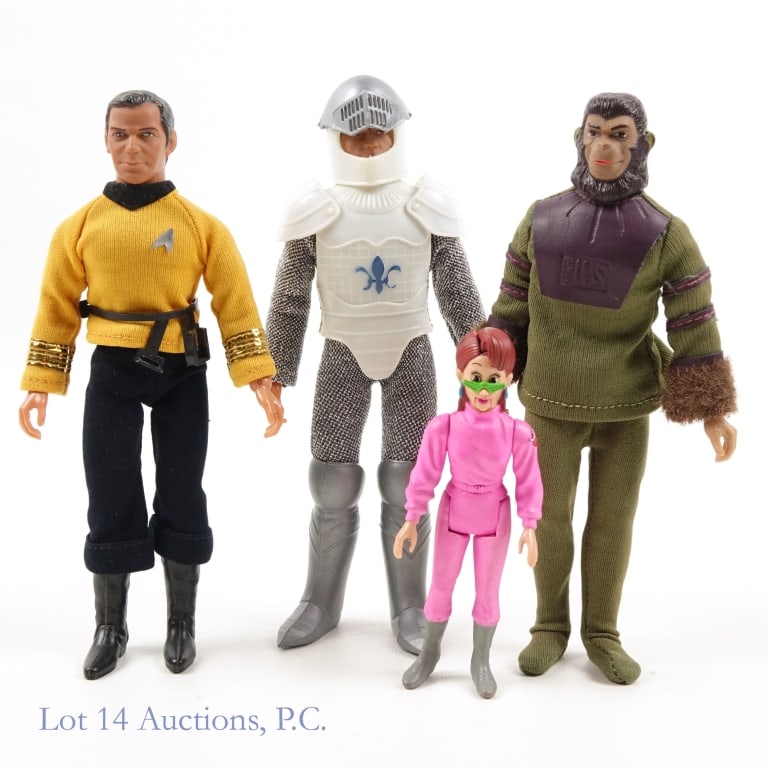 Mego Kirk, Cornelius, Launcelot Action Figures (4): Mego Kirk, Cornelius, Launcelot Action Figures (4). Collection of 1970's Mego action figures. Star Trek Captain Kirk - includes belt, not belt attachments. Planet of the Apes Cornelius - missing shoes