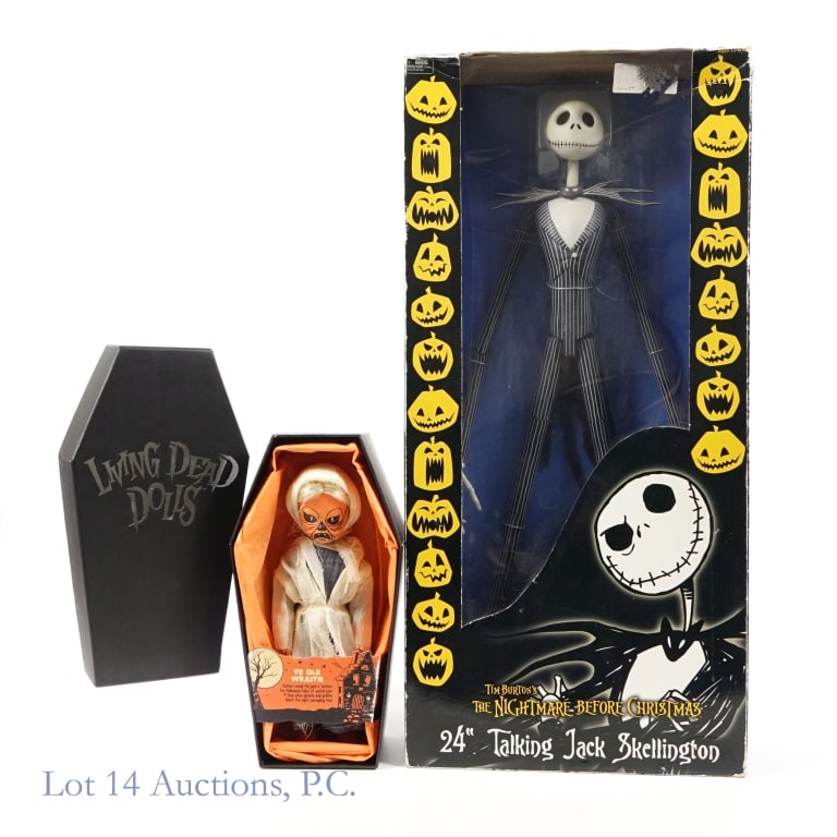 24" Jack Skellington, Living Dead Wraith, NIB: 24" Jack Skellington, Living Dead Wraith, NIB. New In Box doll selection. Neca / Reel Toys 24" Talking Jack Skellington from Tim Burton's The Nightmare Before Christmas - sticker residue, worn edges,