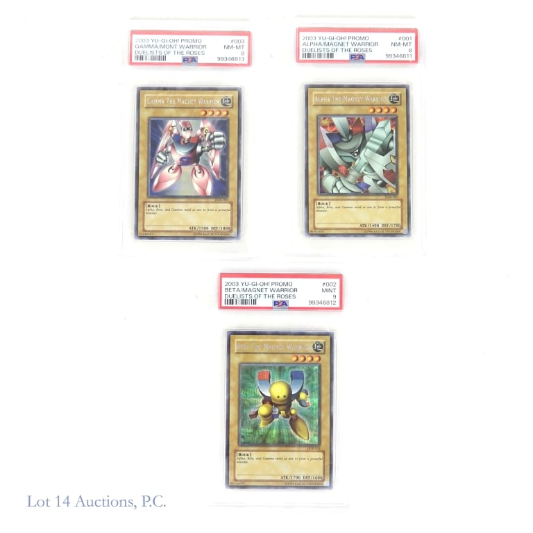 2003 Yu-Gi-Oh! Promo Cards 1 - 3 PSA Graded 8: All three promo cards are PSA graded as NM-Mt 8 or MINT 9. Included is card #001 Aplha/Magnet Warrior (PSA grade 8)***card #002 Beta/Magnet Warrior (PSA grade 9)***Gamma/Magnet Warrior (PSA grade 8). 