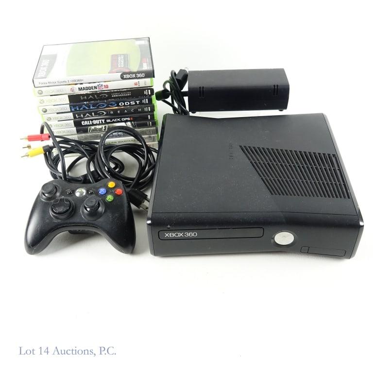 XBox 360 Console & Games (10): XBox 360 Console & 10 Games. TESTED AND WORKING. With 1 controller, AC adapter, and AV cable. NBA 2K10, Call of Duty: Black Ops II, Call of Duty: MW3, Mass Effect, Halo: Combat Evolved, Halo: Reach, H