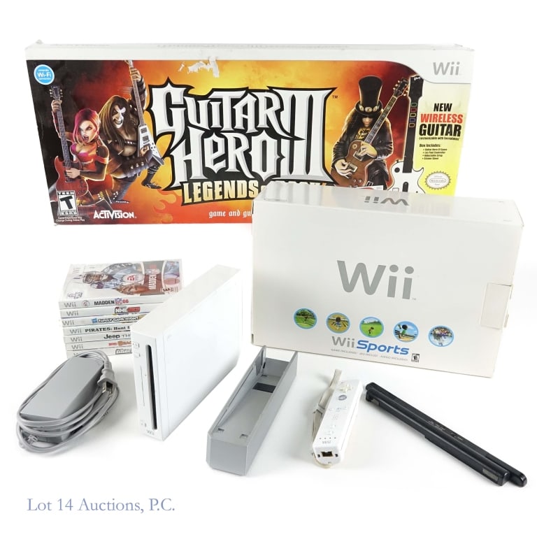 Wii Sports Console, Guitar Hero III, Games: Wii Sports Console, Guitar Hero III, Games. Wii Sports console in original packaging. Guitar Hero III for Wii in original packaging. Seven (7) assorted Wii games, one of which is sealed (Madden NFL 08