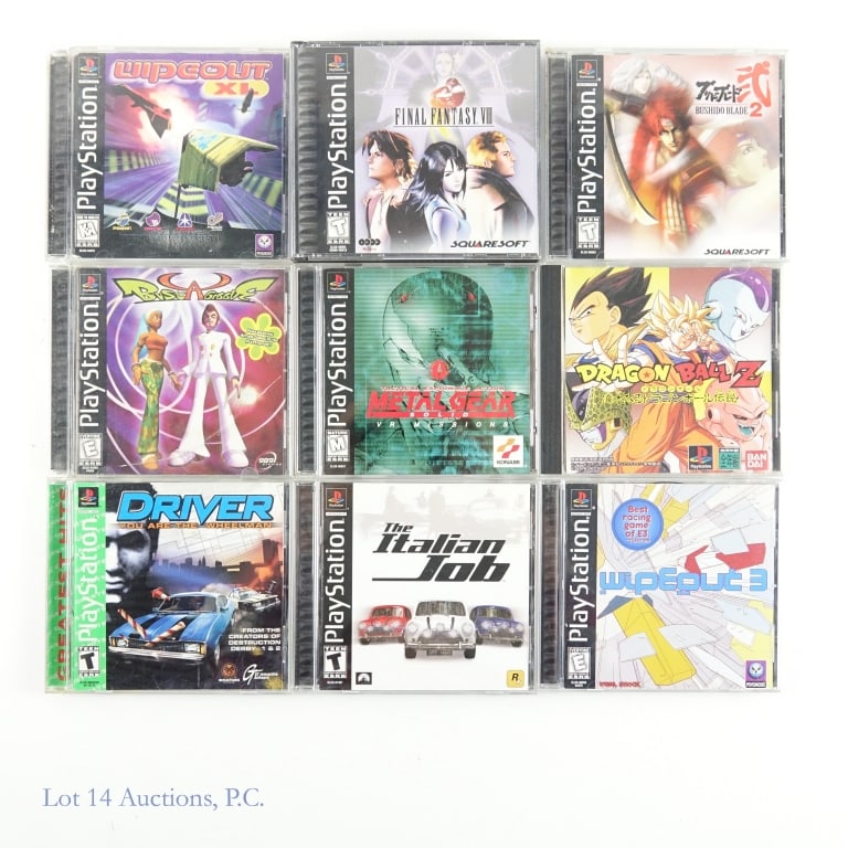 PlayStation 1 Games (9): 9 PlayStation 1 Games. Includes: Final Fantasy VIII, Wipeout XL, Wipeout 3, Bushido Blade 2, Bust a Groove (CD case is broken), Metal Gear Solid, The Italian Job, Driver: You Are The Wheelman, and Dra