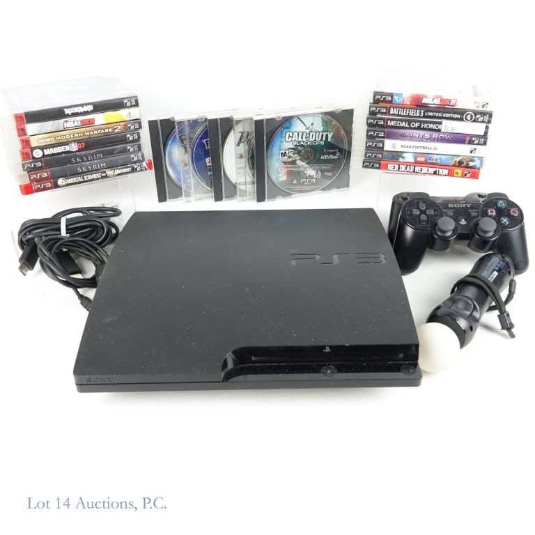 PlayStation 3 Console & Games (19): PlayStation 3 Console & 19 Games. With 2 controllers, cables, motion controller, and 500 GB hard drive. Games include: NBA 2K 11, The Elder Scrolls V: Skyrim (x2), Battlefield 3, Rock Band (x2), Rock 
