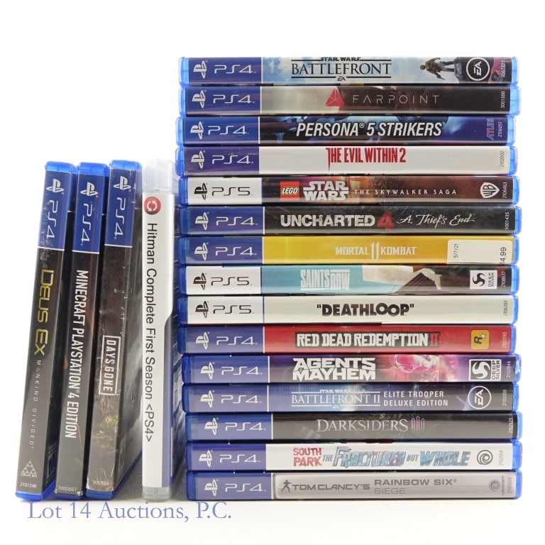 PlayStation 4 & 5 Games (16+3): 16 PlayStation 4 games and 3 PlayStation 5 games. PS4 games include: Tom Clancy's Rainbows x Siege, South Park: The Fractured But Whole, Darksiders III, Star Wars: Battlefront, Star Wars: Battlefront 
