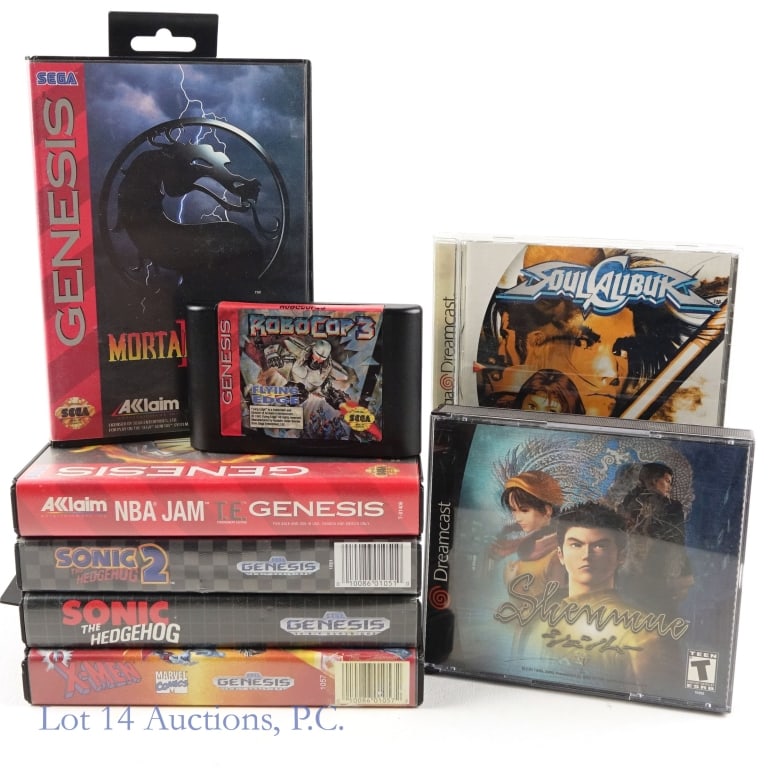 Sega Dreamcast & Genesis Games (7): 7 Sega Genesis & Dreamcast Games. Includes: NBA Jam, Mortal Kombat II, X-Men, Sonic The Hedgehog, Sonic The Hedgehog 2, Soul Calibur, Shenmue (3 discs in 1), and Robocop 3 (cartridge only).