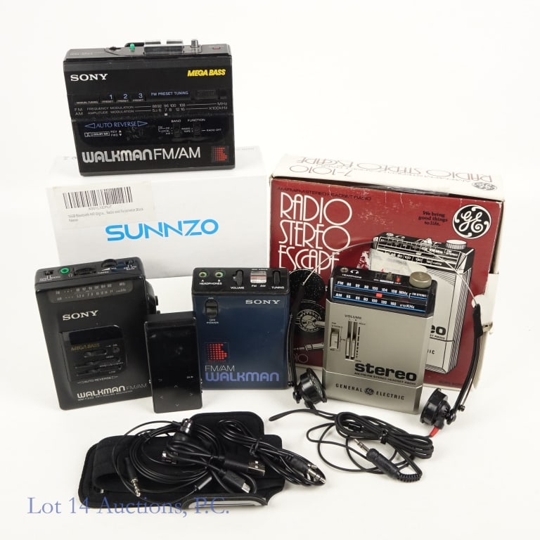 80's Sony Walkman Lot, GE Radio (5): 80's Walkman Lot (5). Collection of 1980's Sony Walkmans (2 tape player / radios, 1 radio), General Electric "Radio Stereo Escape" in original packaging and a Sunnzo 16GB HiFi Music Digital Player in 