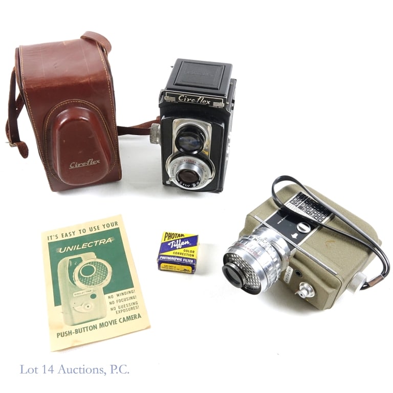 Unilectra 88 mm & Ciro-flex 85 mm Cameras: 1-Unilectra push-button movie camera, made in Austria, circa 1955-1958, dimensions are approximately 2"l ? 6"w ? 5"h, slight granular residue visible in grooves of lens, lens overall is clean, origina