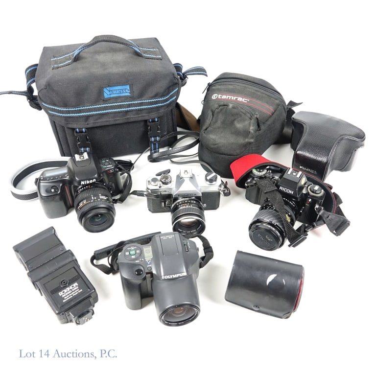 Cameras, N50, Ricoh, Fujica, Olympus, Accessories: Cameras, N50, Ricoh, Fujica, Olympus, Accessories. Mixed lot of cameras and accessories. Items include: Fujica ST605N, Takumar 1:1.8 / 55 lens; Ricoh KR-30SP, Sigma zoom 28~70mm lens; Nikon N50; Olymp
