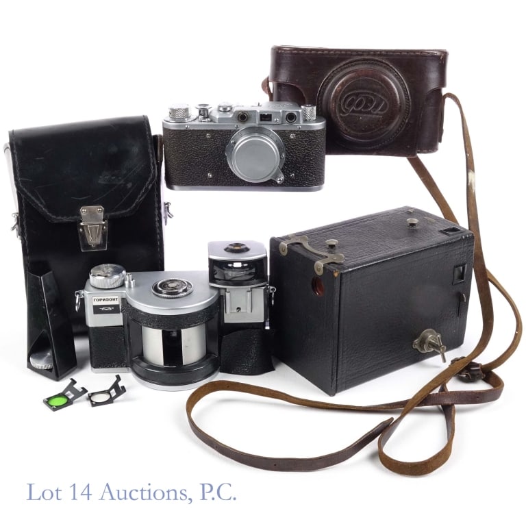 Fed, Horizon & Brownie Cameras (3): Fed, Horizon & Brownie Cameras (3). For parts or repair only. Horizon Panoramic Camera; Serial #7000425; leather case; Lens #7048. Fed camera; Serial Number 682839; 1:3.5, F-50mm, leather case. Eastma
