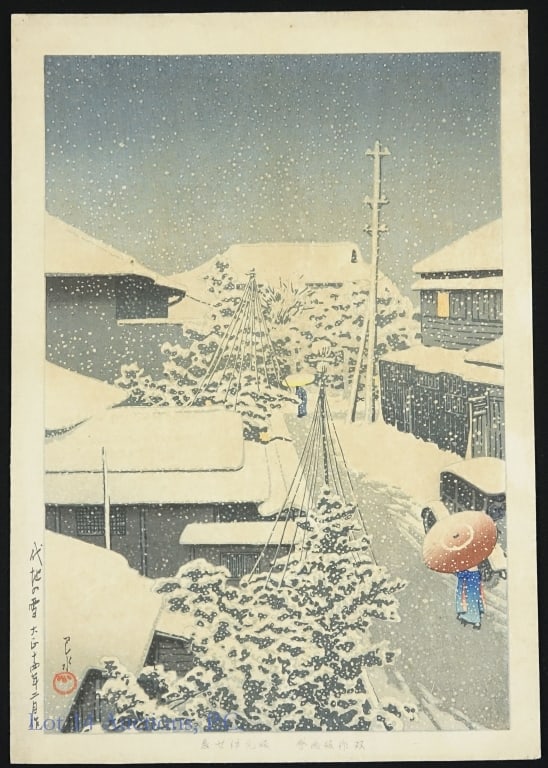 Kawase Hasui Snow at Daichi Color Woodblock Print: (PHOTOS ADDED 6/19, 2pm). "Snow at Daichi" color woodblock print by Kawase Hasui (1883 - 1957, Japan). Seal in lower left indicates a post 1923 but pre World War II printing (our research turned up Fe