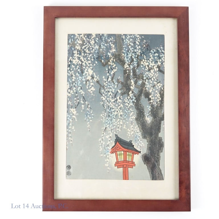 Eiichi Kotozuka Cherry Blossoms, Lantern Color Woodblock Print: Eiichi Kotozuka (1906 - 1981) Cherry Blossoms and Lantern color woodblock. Framed woodblock print from Japan. Print is attached to a backing which reads "Uchida Wood Block Printer Kawaramachi Marutama