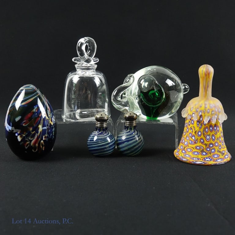 Glass / Crystal Objets D'Art (some Murano (style)): Collection of glass or crystal decorative objects. Some appear to be Murano or in the style of Murano. Steuben crystal bell. The clapper has "Steuben" signed to it. Approximately 4-1/8" tall. Weight: