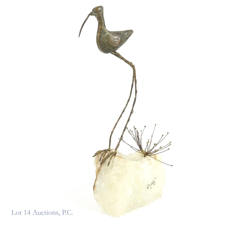 Curtis Jere (C. Jere) 1969 Sandpiper Statue: Metal and stone sculpture of a sandpiper bird by Curtis Jere (aka C. Jere). Approximately 11-5/8" tall (bird alone is approximately 8.75" tall). C. Jere and '69 appear on the side of the stone base. T